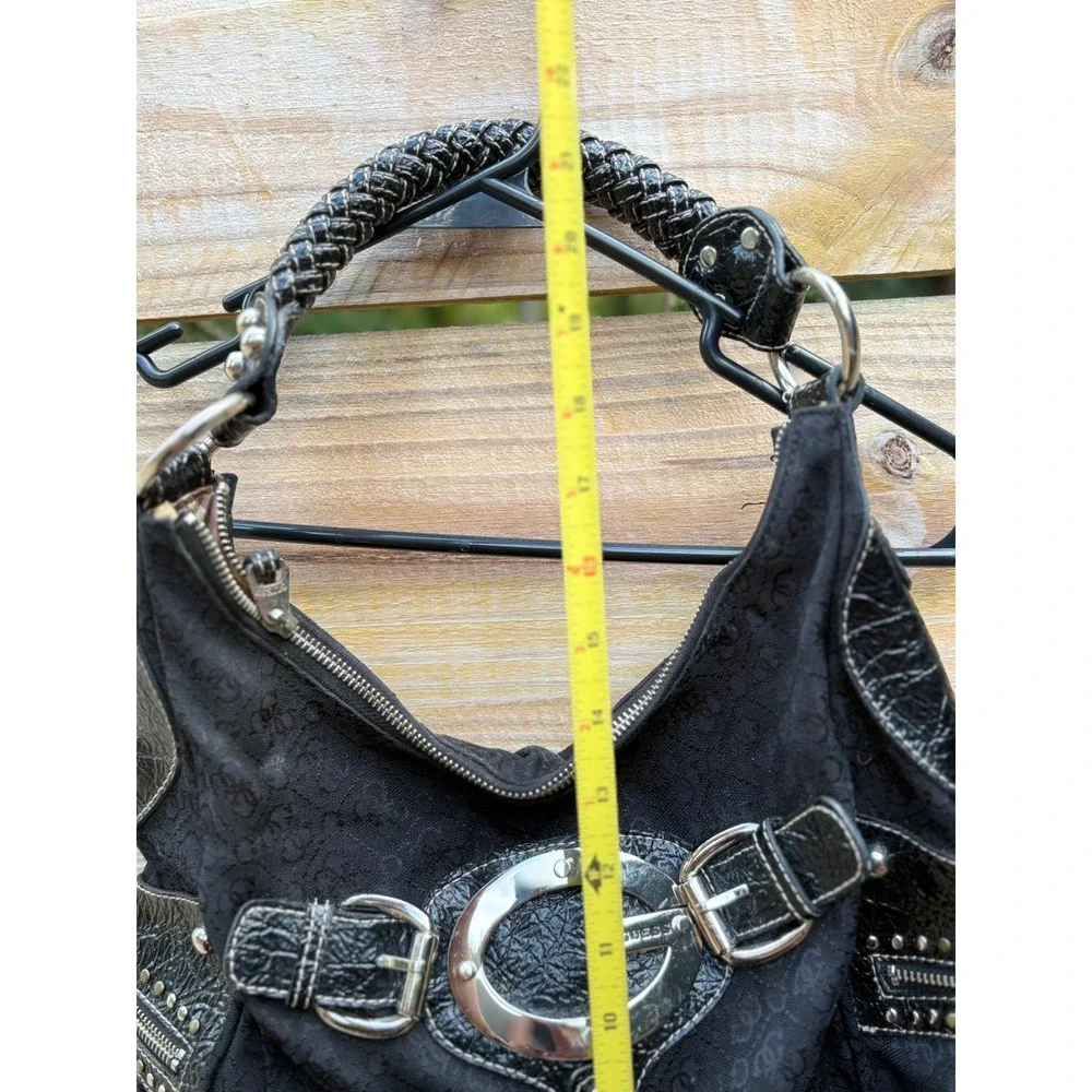 Guess Black Monogram Canvas Hobo Bag Patent Trim Studded Y2K Large G Logo